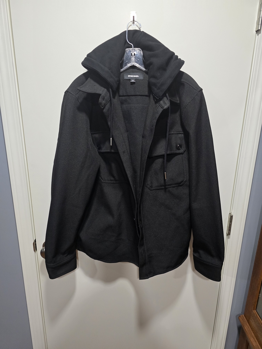 Diesel Men's Black Hooded Shacket Shirt Jacket Textured Knit Button Front Large